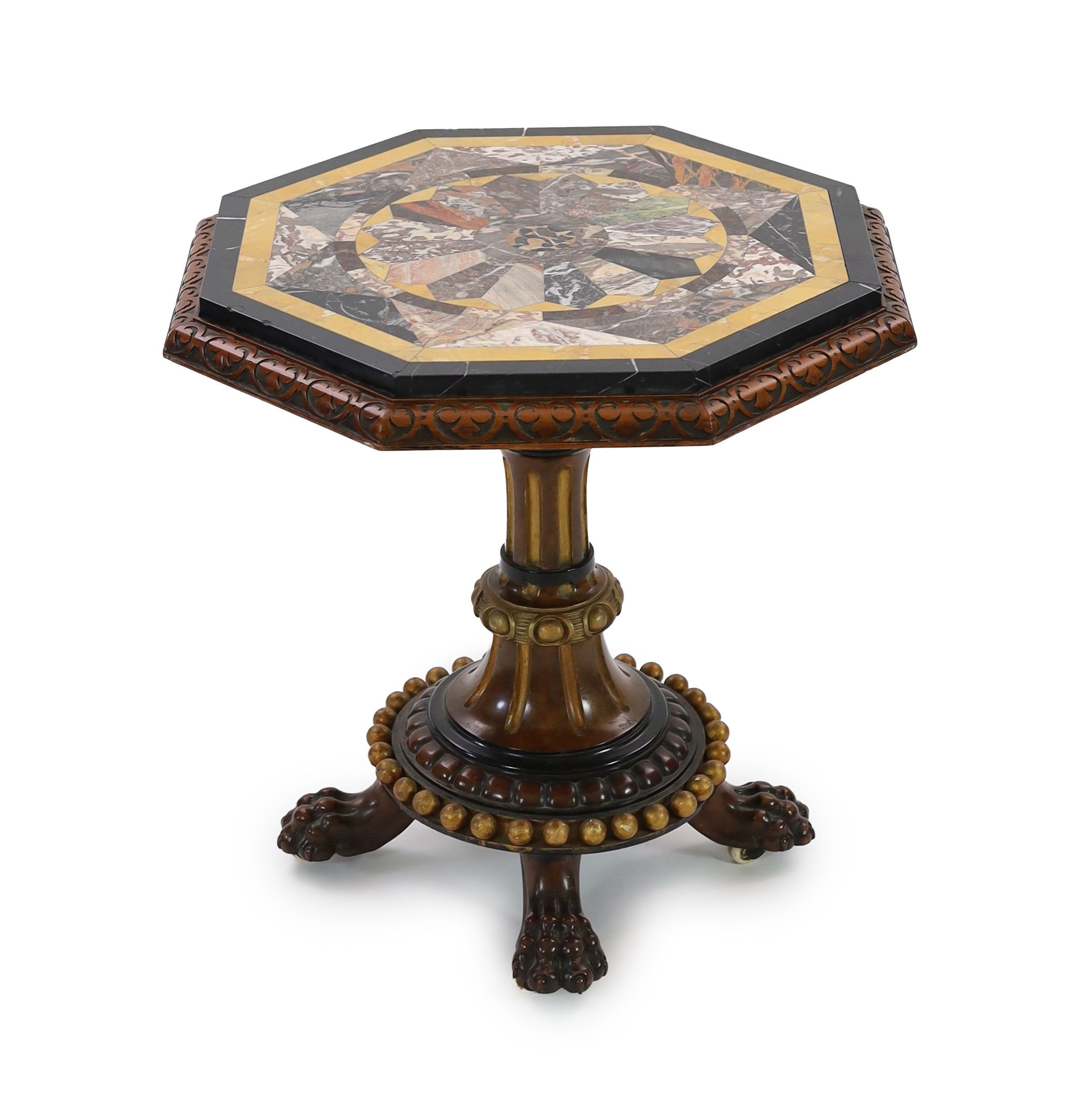 A Victorian parcel gilt carved mahogany and pietra dura centre table, W.69cm H.72cm